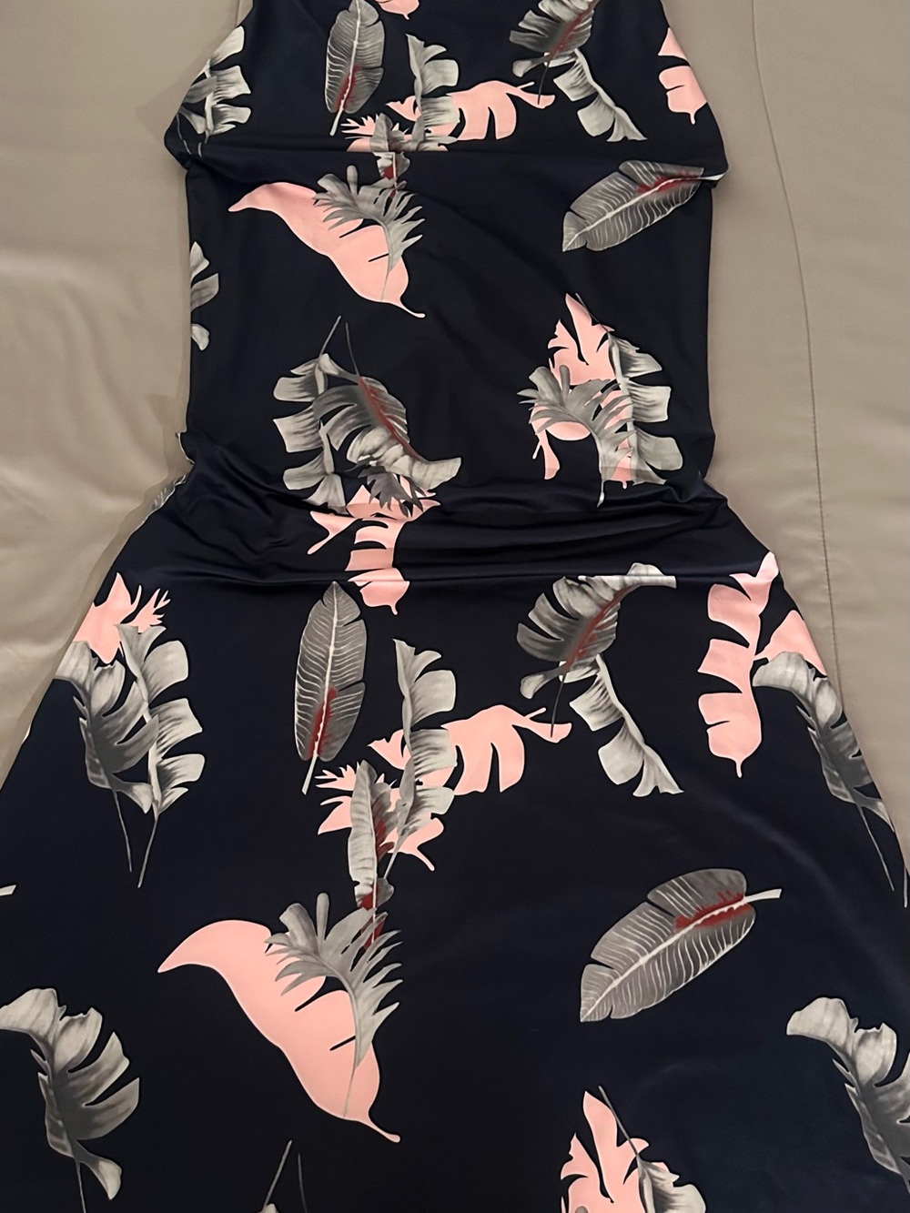 Long Navy Dress with Pink & Gray Tropical Leaf Print